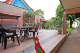 Gartenliebhaber aufgepasst! Schön gelegenes EFH mit Terrasse, Garage und separatem Partyraum - Terrassensicht mit Zugang zum Garten